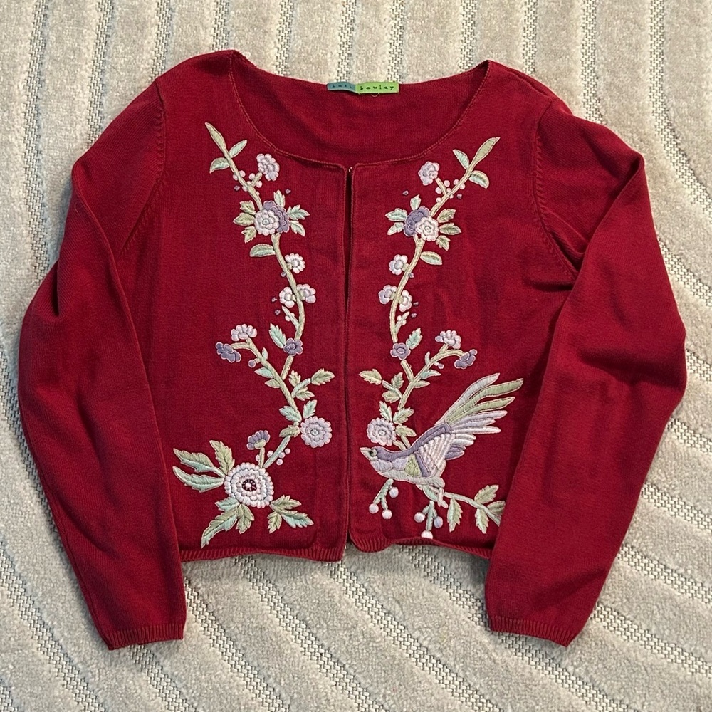 Vintage Embroidered Floral Birds Red Spring Cardigan - S